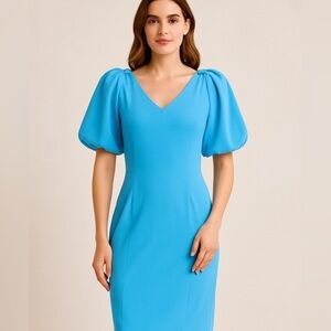 Maison Tara Blue Puff Sleeve V-Neck Dress Size 6 Stretch